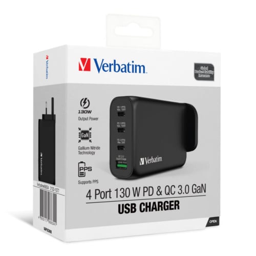 [雙11限定價] Verbatim 4 端口 130W PD 3.0 & QC 3.0 GaN USB 充電器 (#66634)【500萬下載 x 雙11】